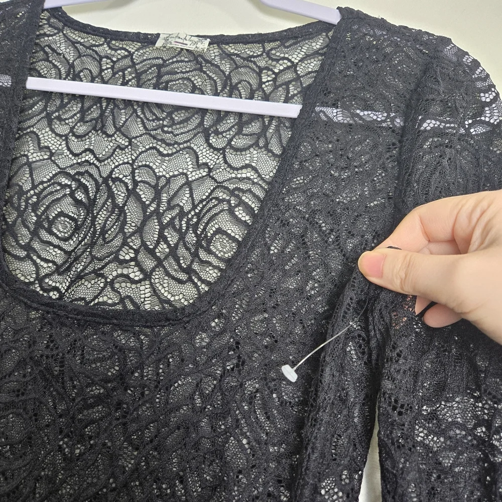Free People Intimately Floral Lace Square Neck‎ Chic Black Sheer Bodysuit S